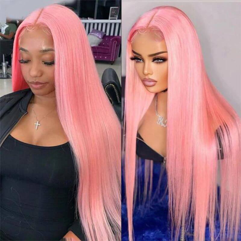 Ombre Pink Colored HD Lace Front Wigs Human Hair Wigs Silky Straight Brazilian Hair Pre Plucked Glueless Wig 180% Body Wave Medium Cap - Image 2