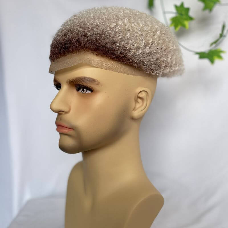 Men Toupee Human Hair Afro Curly Ombre #60 White Color Toupee for Men 8x10 inch Afro Curl Toupee for Black Men Full French Lace Hair System 360 Weave Men Toupee Hair System - Image 11