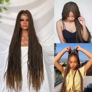 Full Lace Ombre Wigs 36 Inch double Lace Front Box Braided Wigs Knotless Lace Frontal Wig Synthetic Black Hand Braided Cornrow Braids Wigs With Baby Hair - Image 5