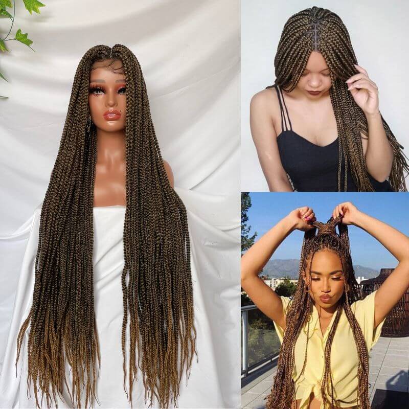 Full Lace Ombre Wigs 36 Inch double Lace Front Box Braided Wigs Knotless Lace Frontal Wig Synthetic Black Hand Braided Cornrow Braids Wigs With Baby Hair - Image 5