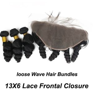 Alternative view of 13x6 Lace Frontal With 3 Bundles Brazilian Loose Wave Bundles With Frontal Closure With Baby Human Hair Natural Color