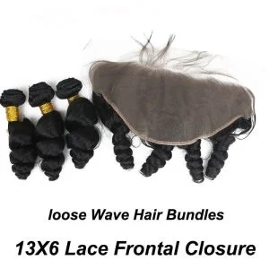 Alternative view of 13x6 Lace Frontal With 3 Bundles Brazilian Loose Wave Bundles With Frontal Closure With Baby Human Hair Natural Color