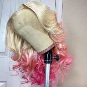 Alternative view of Blonde Ombre Pink Lace Front Human Hair Wigs Body Wave 13x4 Lace Frontal Wig 28inch Long Wavy Colored Lace Front Wig 150%
