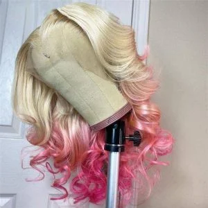 Alternative view of Blonde Ombre Pink Lace Front Human Hair Wigs Body Wave 13x4 Lace Frontal Wig 28inch Long Wavy Colored Lace Front Wig 150%