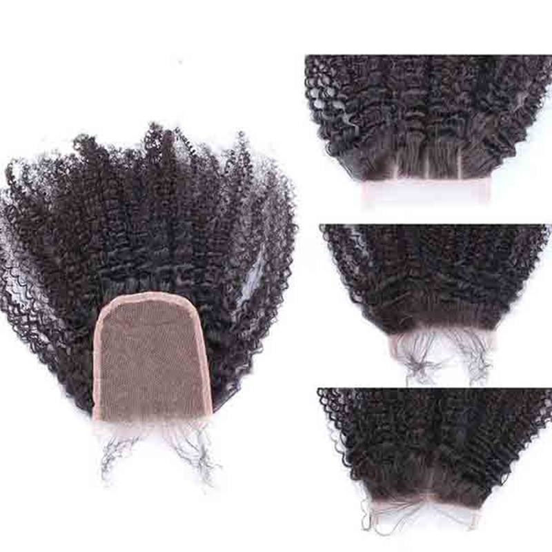 Human Hair Closures Malaysian Remy Hair Afro Kinky Curly Three Part Lace Closure 4x4inches Natural Color