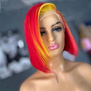 Ombre Short Bob Wigs For Women Brazilian Grey Red Yellow Highlight Lace Front Human Hair Wigs With Baby Hair 4x4 Closure Wig - Image 2