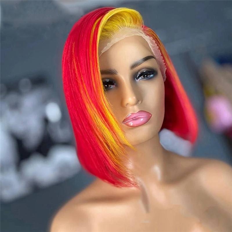 Ombre Short Bob Wigs For Women Brazilian Grey Red Yellow Highlight Lace Front Human Hair Wigs With Baby Hair 4x4 Closure Wig - Image 2