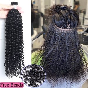 Alternative view of 4A Kinky Curly I Tip Hair Extensions 100% Mongolian Virgin Human Hair Bundles I Tip Microlinks For Black Women Pwigs