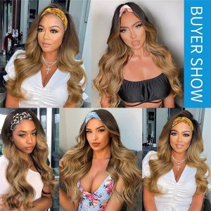 Long Wavy Brown Mix Blonde Headband Wig Highlight Body Wave Wigs for Black Women Girls Glueless Natural Looking High Density Heat Resistant Fiber Head - Image 3