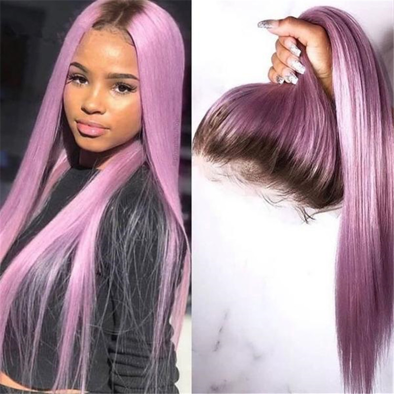 Human Hair Lilac Purple With Dark Root Straight Lace Front Wigs