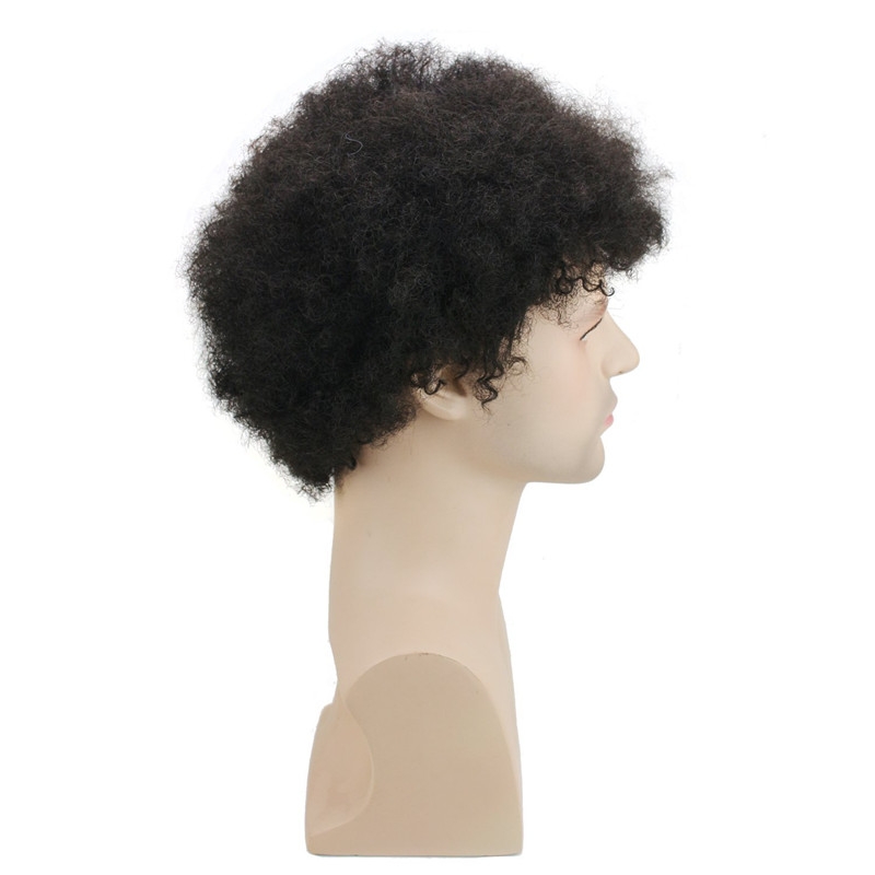 Human Hair Afro Curly Mens Toupee Hairpiece Wig Brazilian Remy Human Hair Short Kinky Curly None Lace Full Wig for Men (Nature Black) - Image 4