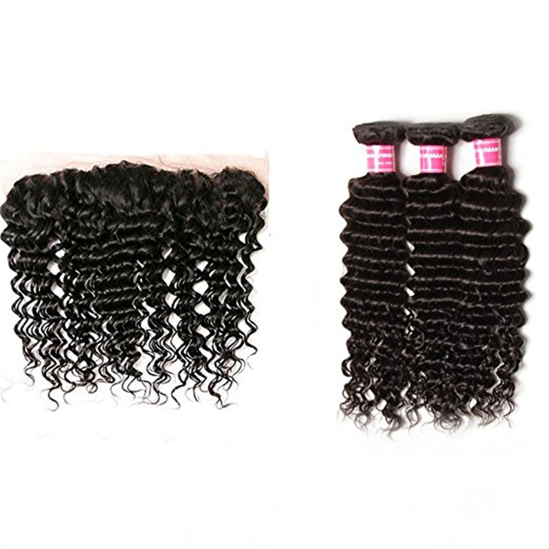 Brazilian Hair Deep Curly Bundles with 13x4 Ear to Ear Lace Frontal Closure Unprocessed Human Hair Extensions - Image 2