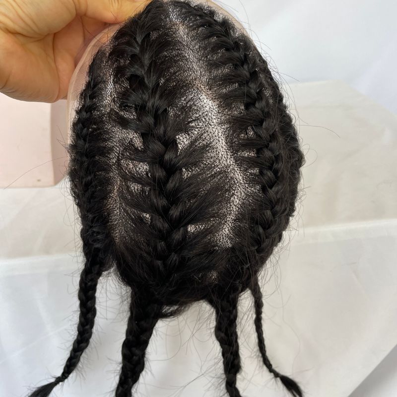 Toupee For Men Four Braids Aka Double Braids Mens Hairpiece100% Human Hair Mono Base with PU Hair Replacement for Men Base Size 8x10 inch Mens Toupee 12 Inch Long Hair - Image 2