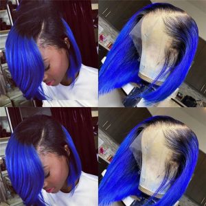 Alternative view of 150% Density 1B T Blue Short Bob Human Hair Wigs Transparent Lace Front Wig Brazilian Remy Hair Blue Bob Lace Front Wig Pre Plucked
