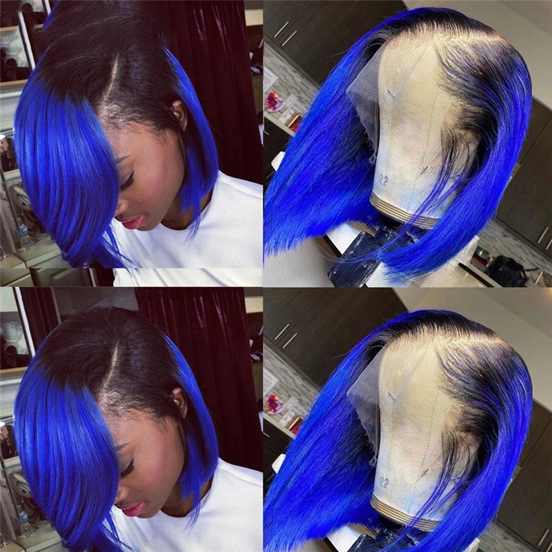 150% Density 1B T Blue Short Bob Human Hair Wigs Transparent Lace Front Wig Brazilian Remy Hair Blue Bob Lace Front Wig Pre Plucked - Image 2