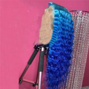 150% Density Deep Wave Blue Ombre Lace Front Wig Brazilian Remy Hair Blue Human Hair Lace Wig Pre Plucked Blue Colored Wigs - Image 4