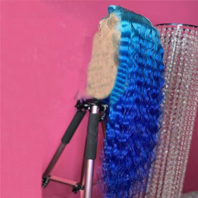 150% Density Deep Wave Blue Ombre Lace Front Wig Brazilian Remy Hair Blue Human Hair Lace Wig Pre Plucked Blue Colored Wigs - Image 4