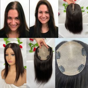 Alternative view of Natural Black Silk Base Human Hair Topper With Clips In Silk Top Virgin European Hair Toupee for Women Hairpiece 13X15cm Silk Base Closure Toupee for Woman