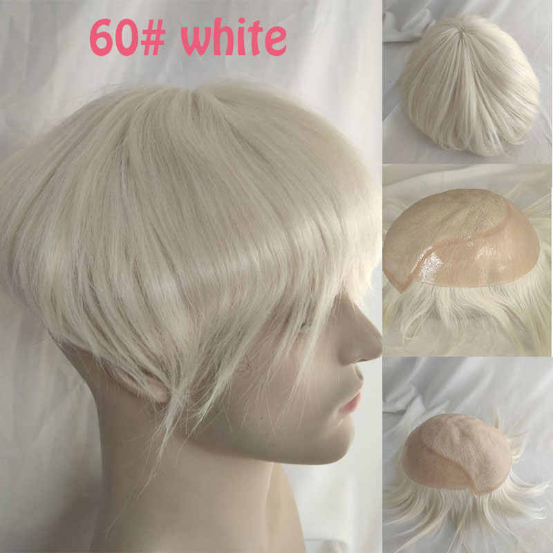Pwigs Q6 Base for Men French Lace Front Mens Toupee Poly Lace Skin Hair System Mens Hairpiece Front Bleached Knot Natural Hairline Wig - Image 5