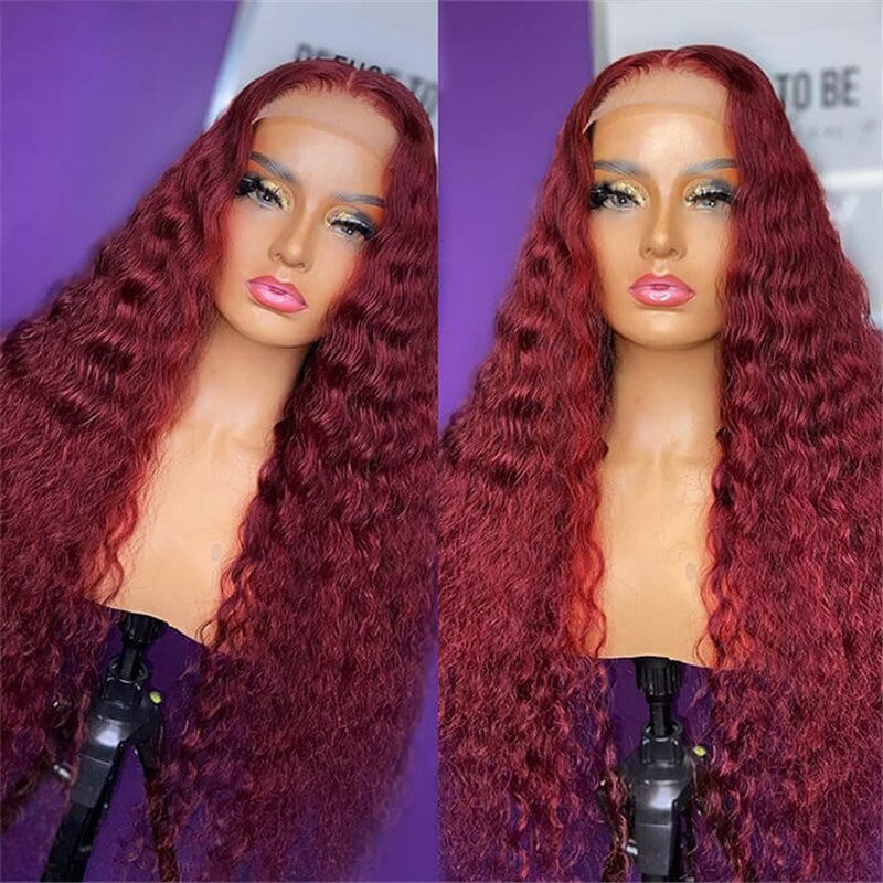 Deep Wave 13X4 Hd Lace Front Wigs Burgundy 99J Color Human Hair Wigs With Pre-Plucked Hairline - Image 4