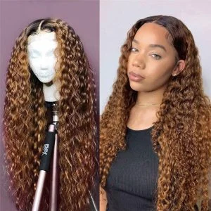 28 Inch Long Ombre Color Curly Wig 1B 27 Honey Blonde Lace Front Human Hair Wigs For Women Burgundy 99J Red Wig 150% 250%