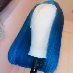 Straight Light Blue Bob Wig Transparent Bob Frontal Wigs Brazilian Remy Colored Short Bob Human Hair Wigs For Women Pre Plucked - Image 4