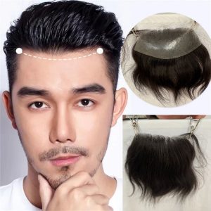 Alternative view of Men's V Loop Frontal Toupee PU Human Hair Hairline 100% Real Human Hair  Male Replacement  1B Natural Black Hair Patch