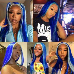 Water Blue and Blue Skunk Stripe Wigs Straight Lace Wig Lace Front Human Hair Wigs Brazilian Remy Hair Blue Highlight Bob Wigs For Women 8-28 inch 150% Density - Image 3