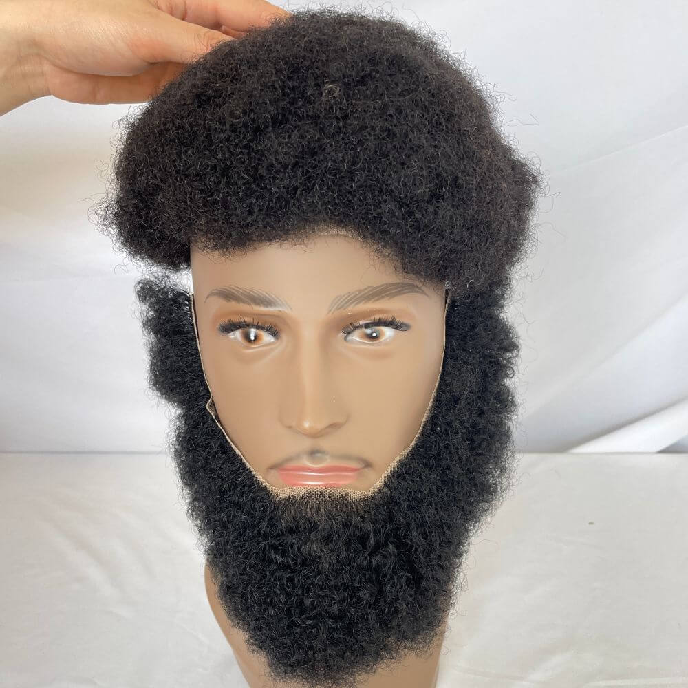 Pwigs Human Hair Lace Afro Curl Face Beard Mustache For American Black Men Realistic Makeup Lace Base Replacement System - Image 3