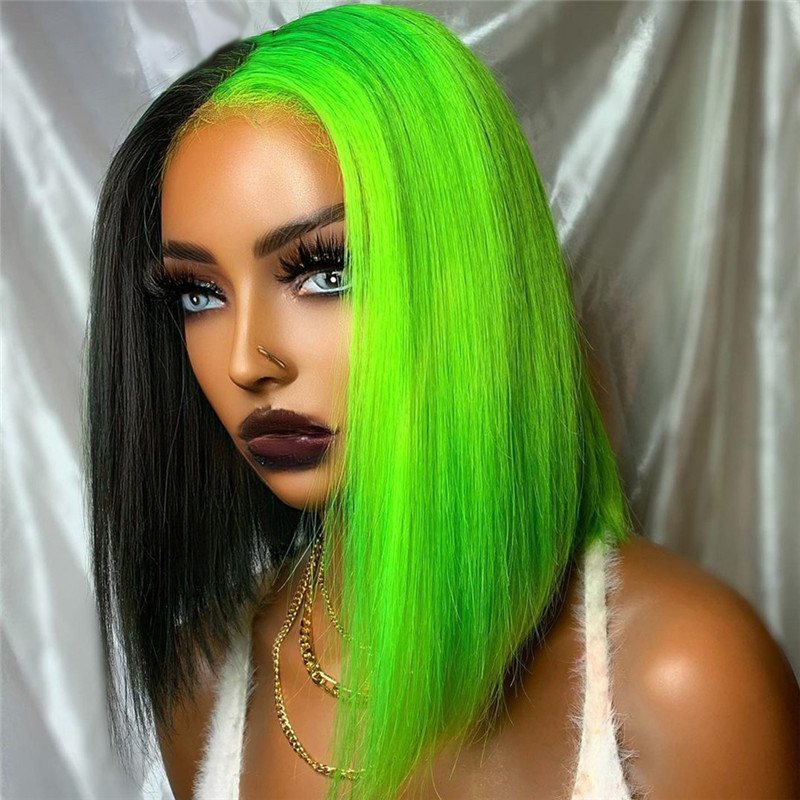 Bob Black Green Half and Half Lace Front Wig Brazilian Remy Straight Bob Colored Human Hair Wigs For Women Green Human Hair Wig - Image 4