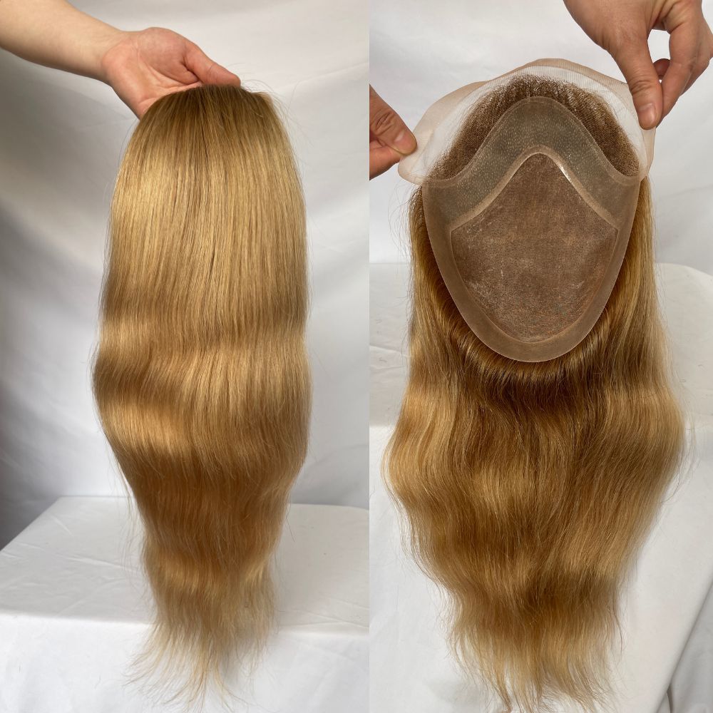 Silky Straight Wave 12 Inch Long Human Hair Toupee for Men 8x10 Hairpieces Human Hair Mens Toupee Mono Net with PU around Ombre Ash Blonde Color - Image 2