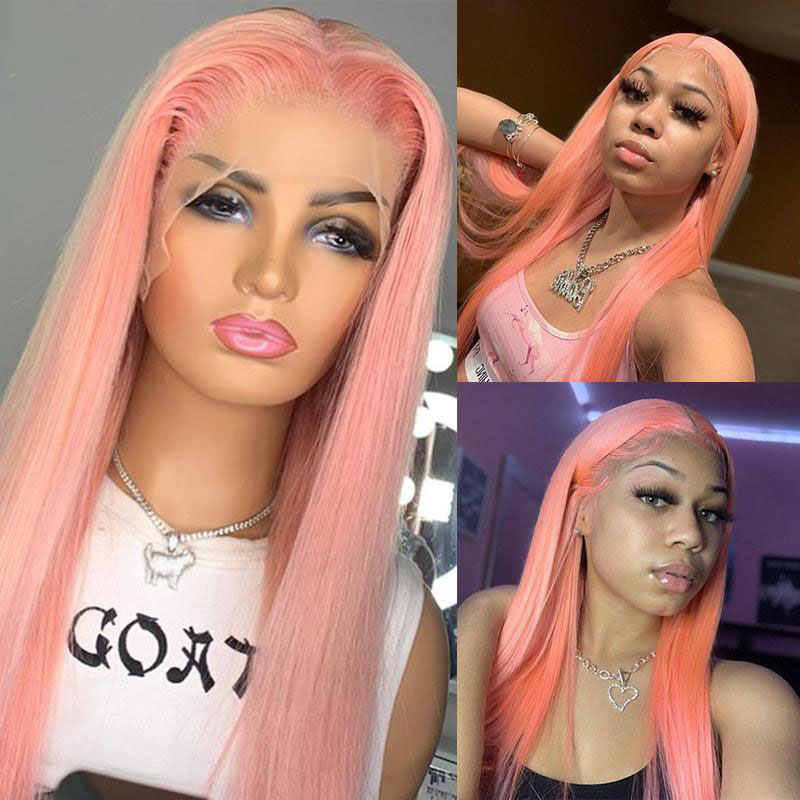 Lace Front Wig Straight Indian Remy Hair Pink Ombre Blonde Highlgiht Wig Transparent Lace Wigs For Women 150% - Image 3
