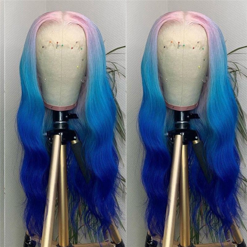 Body Wave Pink Lace Front Human Hair Wigs Brazilian Remy Highlight Colored Lace Front Wigs Ombre Blue Human Hair Lace Wig 150% - Image 5