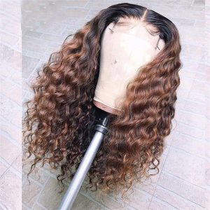 Curly Human Hair Wig Brazilian Highlight Wig Brown Ombre Deep Curly Lace Front Wig 150% Density Curly Wigs For Women Pre Plucked - Image 2