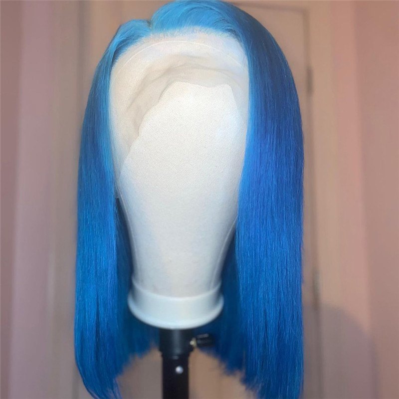 Straight Light Blue Bob Wig Transparent Bob Frontal Wigs Brazilian Remy Colored Short Bob Human Hair Wigs For Women Pre Plucked - Image 3