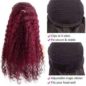 Highlights Headband Wig Human Hair Curly None Lace Front Wigs Deep Wave Natural Human Hair Wig Headband Attached Balayage Black with Auburn Highlights - Image 5