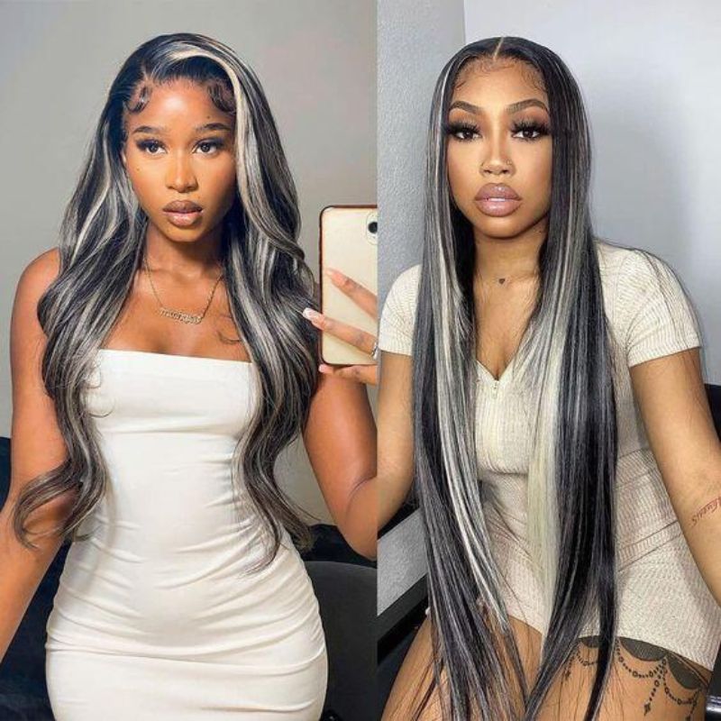 Ombre Plantium Blonde Black Silky Straight Human Hair Wig Lace Front Human Hair Wigs Remy Preplucked Grey Colored Lace Front Wigs