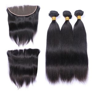 3 Bundles with Frontal 13x4 Ear to Ear Lace Closure Extensions Unprocessed Human Hair Brazilian Straight Remy Hair Weaves Natural Color - Image 2