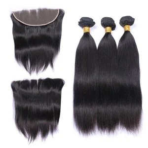 3 Bundles with Frontal 13x4 Ear to Ear Lace Closure Extensions Unprocessed Human Hair Brazilian Straight Remy Hair Weaves Natural Color - Image 2