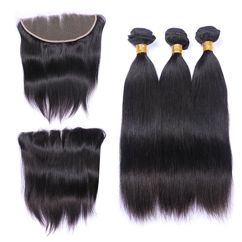3 Bundles with Frontal 13x4 Ear to Ear Lace Closure Extensions Unprocessed Human Hair Brazilian Straight Remy Hair Weaves Natural Color - Image 2
