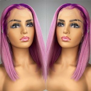 Purple Pink Ombre Lace Front Wig Straight Bob Wigs For Women Brazilian Remy Transparent Lace Wigs 1B/Pink Colored Bob Wig 150% - Image 3