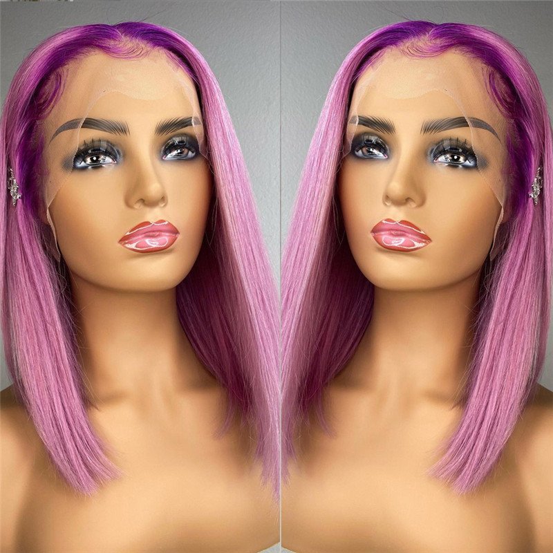 Purple Pink Ombre Lace Front Wig Straight Bob Wigs For Women Brazilian Remy Transparent Lace Wigs 1B/Pink Colored Bob Wig 150% - Image 3