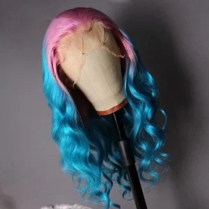 Alternative view of Long Gradient 3 Colored Pink violet Blue Ombre Hair 100% Human Hair Lace Wig for Party Lace Wigs For Women