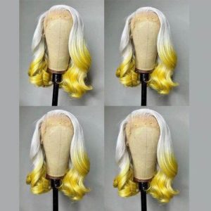 Peruvian Hair Yellow Ombre Grey Colored Remy Human Hair Lace Front Bob Wig For Women Wavy