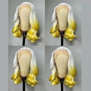 Peruvian Hair Yellow Ombre Grey Colored Remy Human Hair Lace Front Bob Wig For Women Wavy