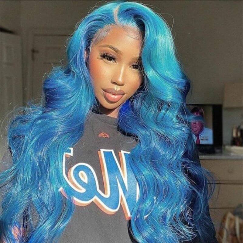 Ombre Lace Frontal Blue Human Hair Wigs For Women Brazilian Remy Colored Wigs Pre Plucked Glueless Wig 150% Body Wave Medium Cap