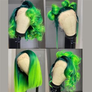 Peruvian Hair Green Ombre Color Human Hair Lace Front Bob Wig