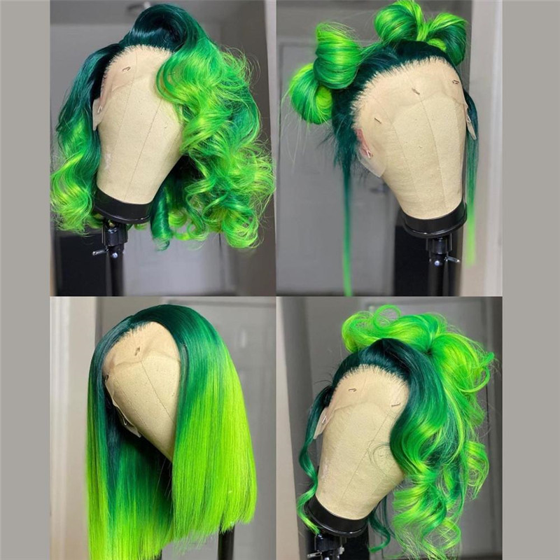 Peruvian Hair Green Ombre Color Human Hair Lace Front Bob Wig