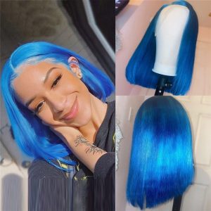 Straight Light Blue Bob Wig Transparent Bob Frontal Wigs Brazilian Remy Colored Short Bob Human Hair Wigs For Women Pre Plucked