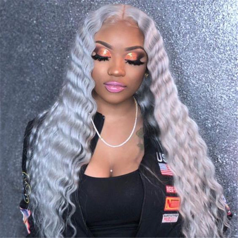 Peruvian Hair Lace Front Deep Wave Grey Color Wigs